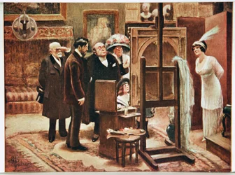 Art. Beaux-Arts. Peintre montrant sa création. Carte postale par Alfred Guillaume, France, vers 1920