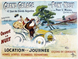 Grand Garage du Pont-Neuf : location, leçons de conduite, achat, vente, réparations - Affiche publicitaire par Albert Guillaume (1873-1942), vers 1900