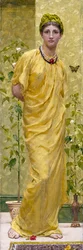 Rhapsodie en jaune et papillon. Jeune femme drapée de jaune. Peinture d