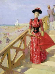 Femme descendant des marches vers une plage