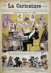 Alexandre Dumas dans Divorce Specialist par Albert Robida (1848-1926), couverture "The Cartoon" 24/02/1880