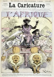 Caricature sur le colonialisme en Afrique « Grand déballage des nouveautés coloniales africaines, faites votre choix ! Un continent entier à partager, grandes occasions, tranches de Congo, morceaux de Guinée » par Robida - dans « La Caricature » du 05/02/1