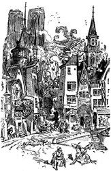 Le géant Gargantua traverse Paris, semant la panique et la destruction sur son passage. Il apprend à cracher sur la Cathédrale Notre-Dame de Paris, dont les tours en arrière-plan se distinguent. Avec ce crachat, plus de 3000 Parisiens seront noyés !