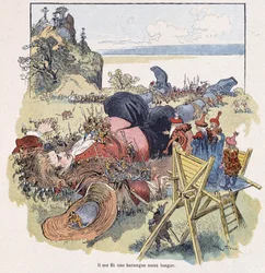 Gulliver attaché par les Lilliputiens - dans « Voyages de Gulliver » par Swift, ill. par Robida