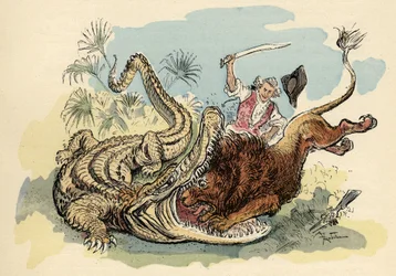 Illustration par Albert Robida dans « Histoire et Aventures du Baron de Munchausen », H. Laurens Ed., fin du 19ème siècle.