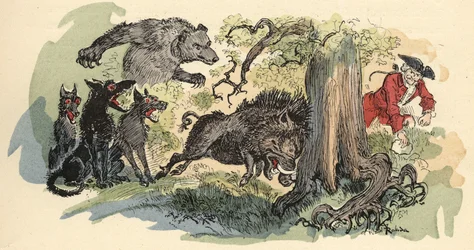 Illustration par Albert Robida dans « Histoire et Aventures du Baron de Munchausen » (Munchhausen), H. Laurens Ed., fin du XIXe siècle.