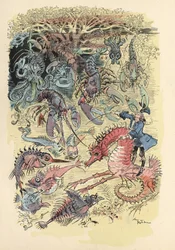 Illustration par Albert Robida dans "Histoire et Aventures du Baron de Munchausen" (Munchhausen), H. Laurens Ed., fin du 19ème siècle.