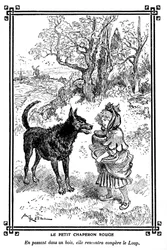 Le Petit Chaperon Rouge, avec son gâteau et son pot de beurre, rencontre le Loup. Dessin par Albert Robida (1848-1926) dans un livre de lectures pour enfants 1920-1930