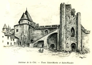 Cité médiévale de Carcassonne (Aude, Languedoc, Pays Cathare) - Tours Saint Martin et Saint Nazaire avec des maisons construites contre les remparts - gravure romantique par Albert Robida (1848-1926) dans un livre publié au début du 20ème siècle