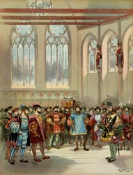 Le héraut de Bourgogne, envoyé par Charles V (1500-1558), reçu par François I (1494-1547) dans la grande salle du Parlement à Paris, première moitié du XVIe siècle. Illustration