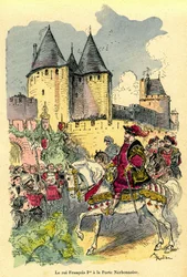 Le roi de France François 1er arrivant à cheval devant la Cité de Carcassonne, Porte Narbonnaise. Illustration par Albert Robida (1848-1926) : frontispice du livre « Le trésor de Carcassonne » première édition H. Laurens 1921