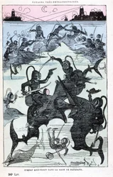 Combat sous-marin dans la baie de Papagayo (scaphandriers chevauchant des poissons), parodie de Jules Verne, "Voyages très extraordinaires de Saturnin Farandoul dans 5 ou 6 parties du monde et dans tous les pays connus ou inconnus de M. Jules Verne" par Ro