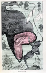 Femme dans un scaphandre avalée par une baleine, parodie de Jules Verne, "Voyages très extraordinaires de Saturnin Farandoul dans 5 ou 6 parties du monde et dans tous les pays connus ou inconnus de M. Jules Verne" par Robida, Paris
