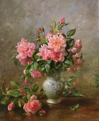 Roses dans un vase bleu et blanc