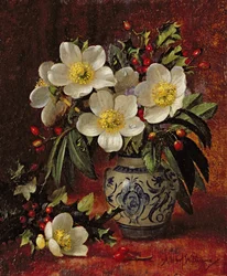 Nature morte de roses de Noël et de houx