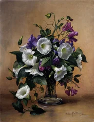 Convolvulus et pois de senteur dans un vase en verre (huile sur toile)