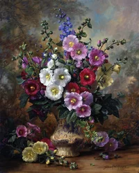 Roses trémières dans un vase de Chine (huile sur toile)