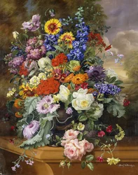 Nature morte avec roses, delphiniums, coquelicots et soucis sur un rebord
