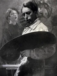 Portrait du peintre Tullio Silvestri travaillant dans son atelier
