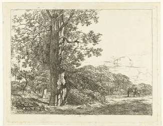 Paysage avec grand hêtre et cavalier parlant avec un homme