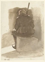Homme assis avec un bâton, vu de dos