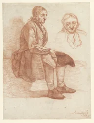 Vieil homme assis, vers la droite, la tête répétée
