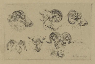 Cinq têtes de bélier et une tête de mouton