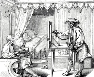 Gravure sur bois représentant un artiste utilisant une aide au dessin pour obtenir les proportions correctes d
