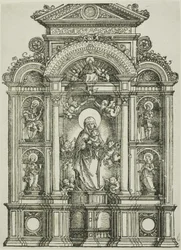 Retable avec la belle Vierge de Ratisbonne et les saints Christophe, Marie-Madeleine, Florian et Catherine debout dans des niches, avec Dieu le Père au-dessus.