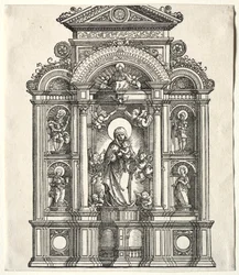Grand autel avec la Vierge, dans une bordure avec SS. Christophe, Georges, Barbara, Catherine
