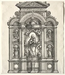 Grand autel avec la Vierge, dans une bordure avec SS. Christophe, Georges, Barbara, Catherine