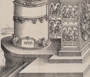 Portraits des parents de Maximilien, et la base de la colonne extérieure gauche avec la date