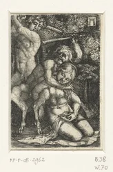 Satyre et un homme se battent pour une femme