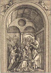 La Sainte Famille avec deux anges dans une salle voûtée