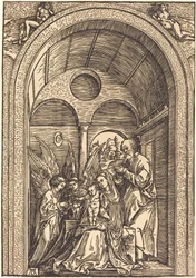 La Sainte Famille avec deux anges dans une salle voûtée