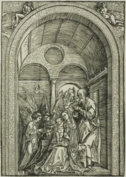 La Sainte Famille avec deux anges dans une salle voûtée