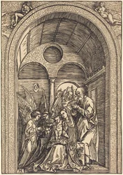 La Sainte Famille avec deux anges dans une salle voûtée