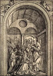 La Sainte Famille avec deux anges dans une salle voûtée