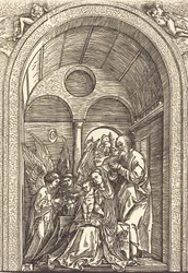 La Sainte Famille avec deux anges dans une salle voûtée, vers 1504