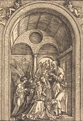 La Sainte Famille avec deux anges dans une salle voûtée