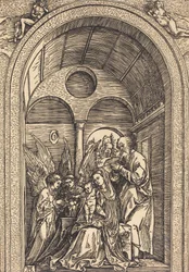 La Sainte Famille avec deux anges dans une salle voûtée, vers 1504