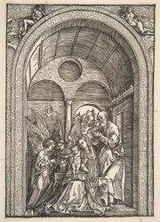La Sainte Famille avec deux anges dans une salle voûtée, vers 1503