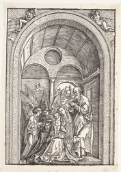 La Sainte Famille avec deux anges dans une salle voûtée