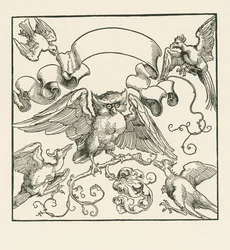 Un hibou attaqué par quatre autres oiseaux, vers 1515 (gravure sur bois)