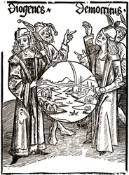 Diogène (-413 - -327) et Démocrite (-460 - -370) - dans « Das Narrenschiff (Le bateau des fous) » de Sébastien Brandt (1458 - 1521). Gravure.