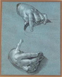Mains - Deux études (dessin à la craie sur papier bleu)