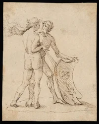 Femme nue et homme avec un bouclier arborant les armoiries de Willibald Pirckheimer