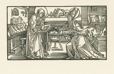Sainte Birgitta dans sa chambre remettant son œuvre à un évêque