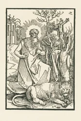 Saint Jérôme. Illustration à Lukas von Prag : Apologia. Imprimé par Hieronymus Höltzel, Nuremberg.