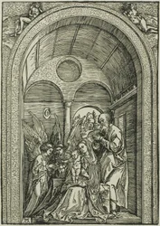 La Sainte Famille avec deux anges dans une salle voûtée